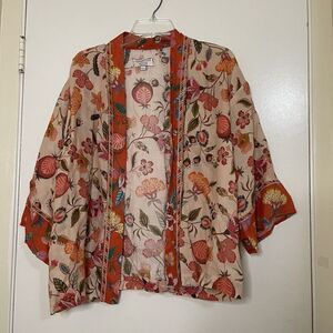 Johnny Was Workshop orange floral Ramie Open front kimono top size Small